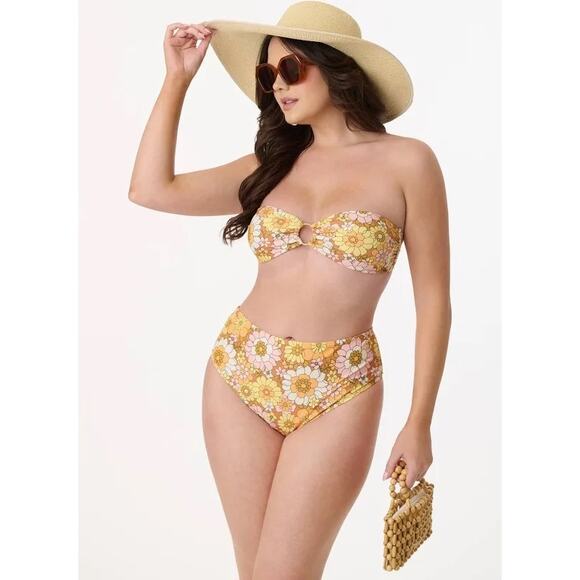 Magnolia Place 1970s Mustard Floral Print Two Piece Bikini Swimsuit - Small NWT - Picture 1 of 7